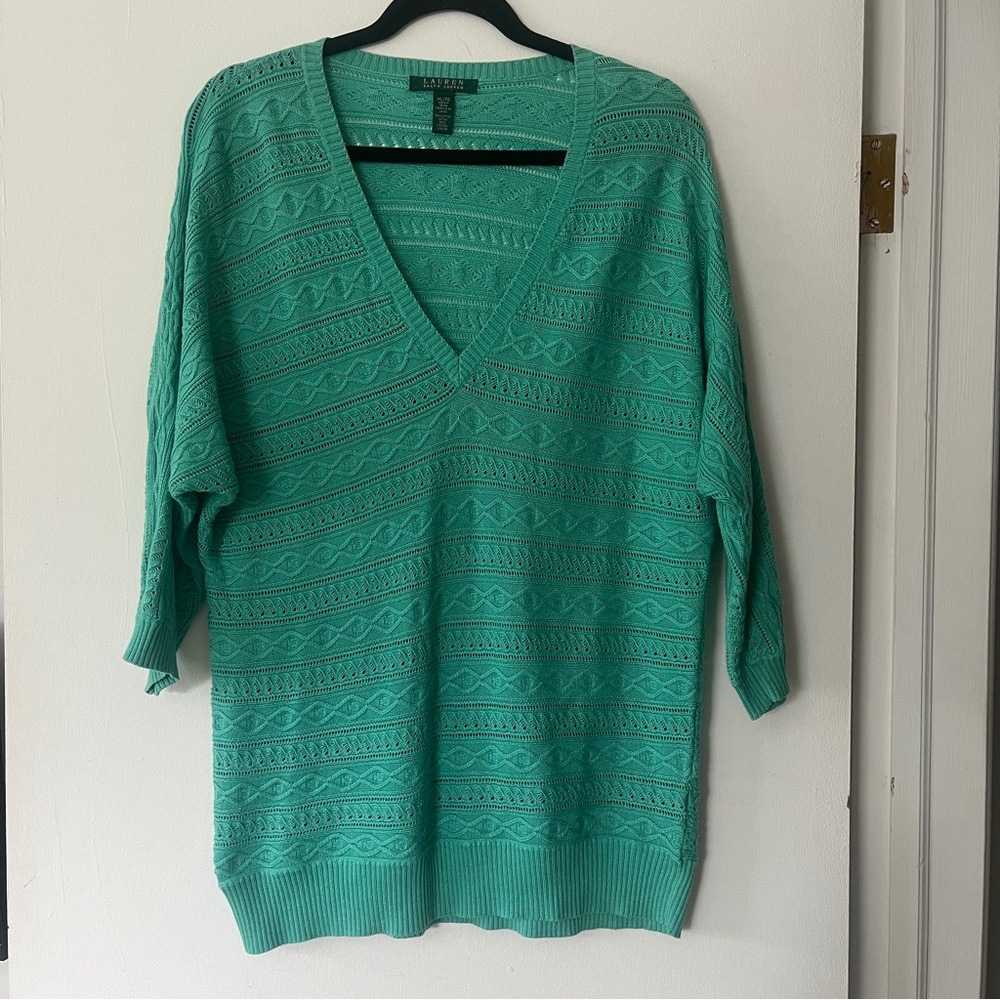 Lauren Ralph Lauren Sweater Teal Cable knit‎ 3/4 Sleeve Cotton Blend Size XL